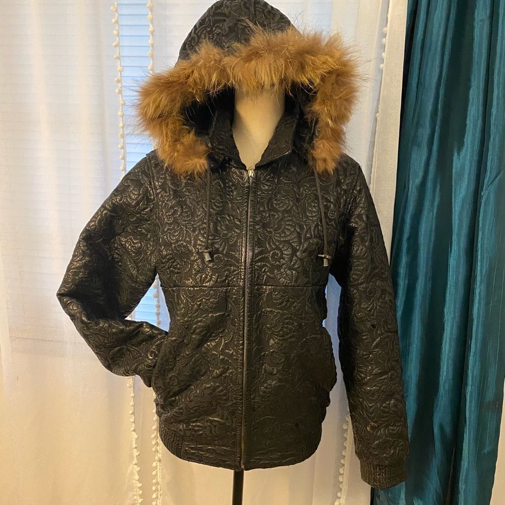 100% leather fur trimmed jacket , size L